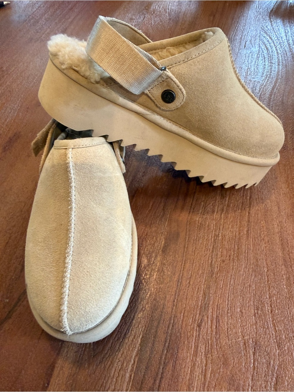 UGG Women's Tan Suede Plush-Lined Platform Clog with Adjustable Strap